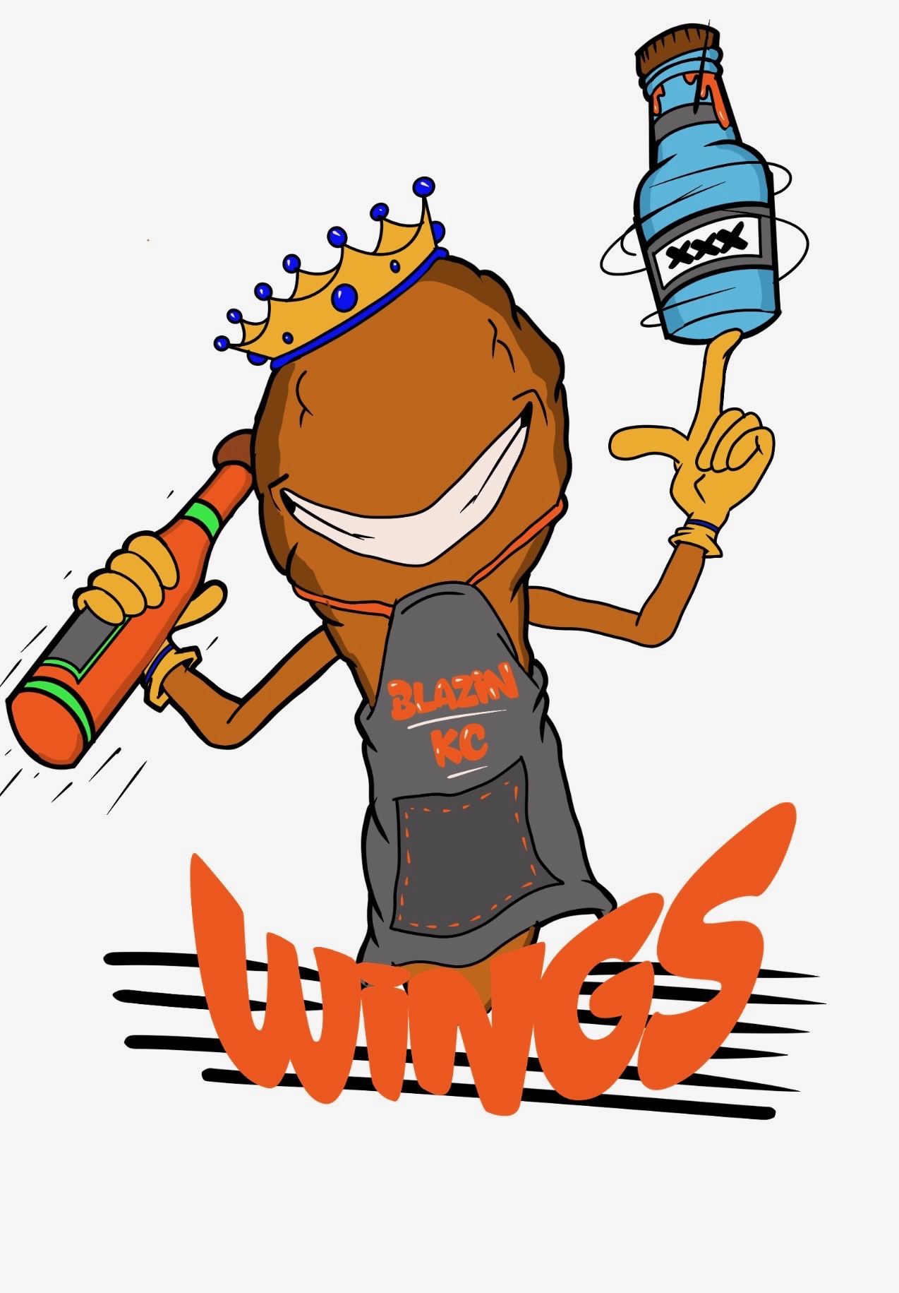 Blazin KC Wings cartoon mascot t-shirt design with a crowned character holding hot sauce