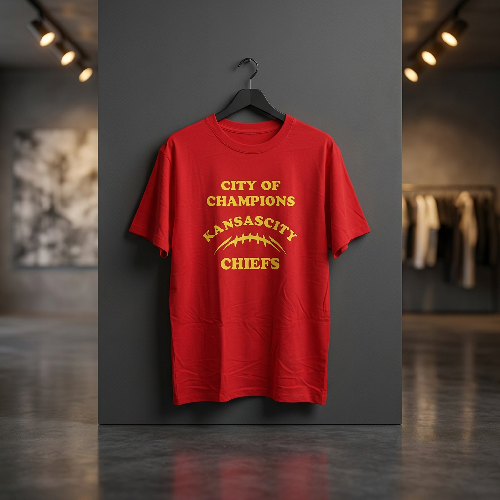 Red City of Champions Kansas City Chiefs custom printed t-shirt displayed in a boutique