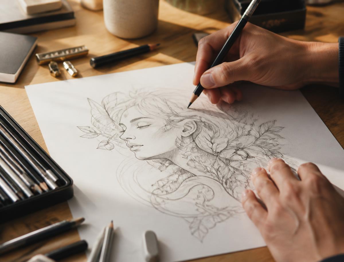 Hand-drawn illustration being sketched on paper before digital design